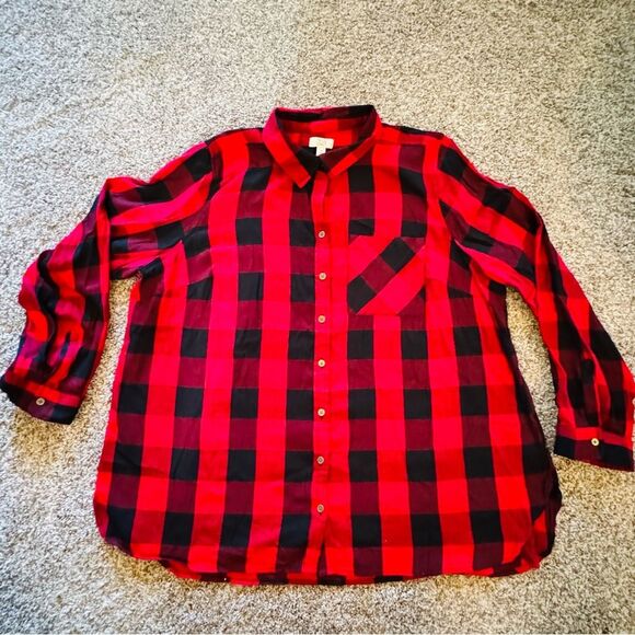 True Craft Plus Size Red Black Plaid Challis Camp Shirt Buttondown Preppy 3X - Picture 1 of 10